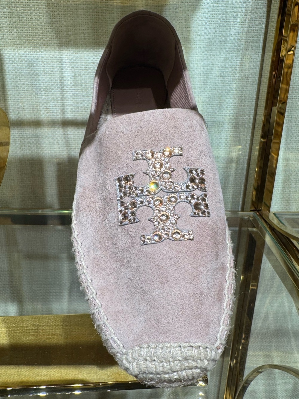 Tory Burch Everly Embellished Suede Leather Flat Crystal Espadrille Shoes